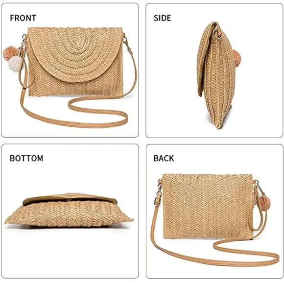 Summer straw style cross body woven bag with pom poms - Beige/tan - Picture 2 of 7
